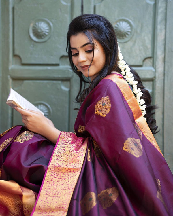 Incredible Wine Soft Banarasi Silk Saree With Adorable Blouse Piece - Shop authentic Indian Women's Fashion by Silk Folks