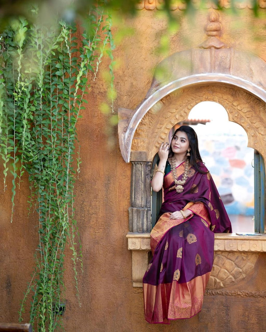 Incredible Wine Soft Banarasi Silk Saree With Adorable Blouse Piece - Shop authentic Indian Women's Fashion by Silk Folks