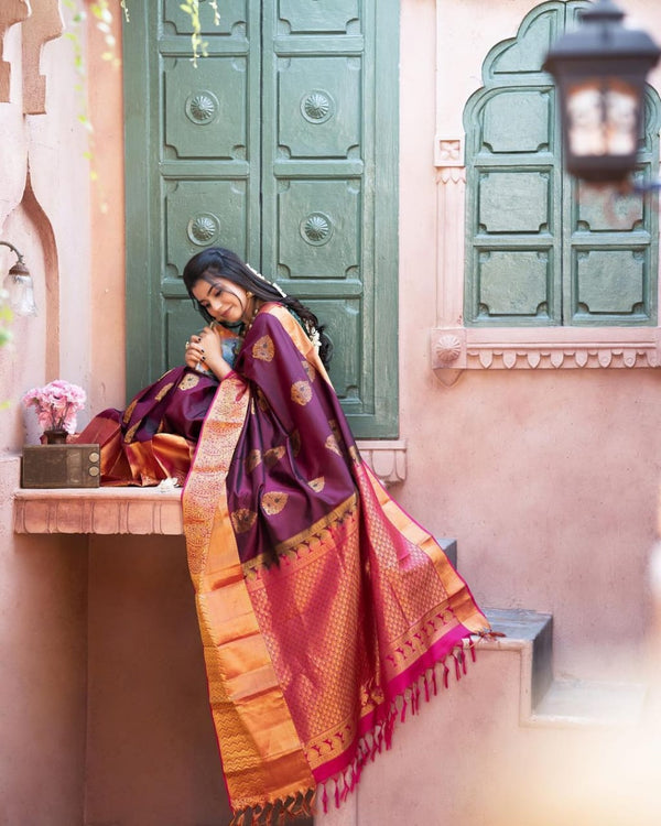Incredible Wine Soft Banarasi Silk Saree With Adorable Blouse Piece - Shop authentic Indian Women's Fashion by Silk Folks
