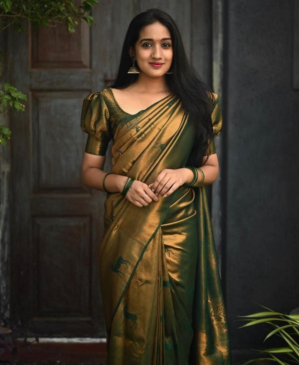 Luxuriant Dark Green Soft Silk Saree With Comely Blouse Piece - Shop authentic Indian Women's Fashion by Silk Folks