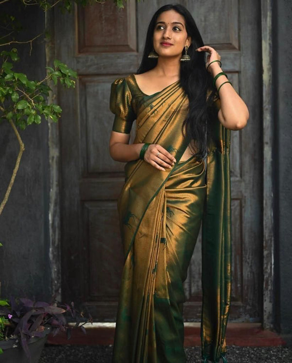 Luxuriant Dark Green Soft Silk Saree With Comely Blouse Piece - Shop authentic Indian Women's Fashion by Silk Folks
