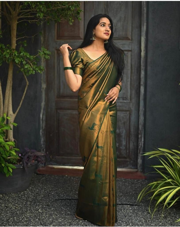 Luxuriant Dark Green Soft Silk Saree With Comely Blouse Piece - Shop authentic Indian Women's Fashion by Silk Folks