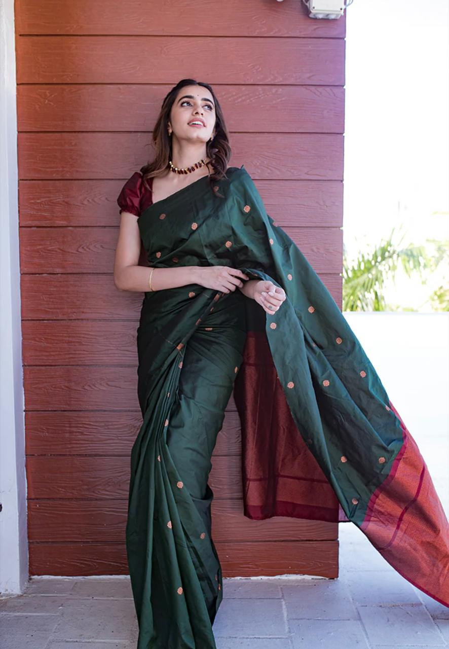 Devastating Dark Green Soft Silk Saree With Staggering Blouse Piece - Shop authentic Indian Women's Fashion by Silk Folks