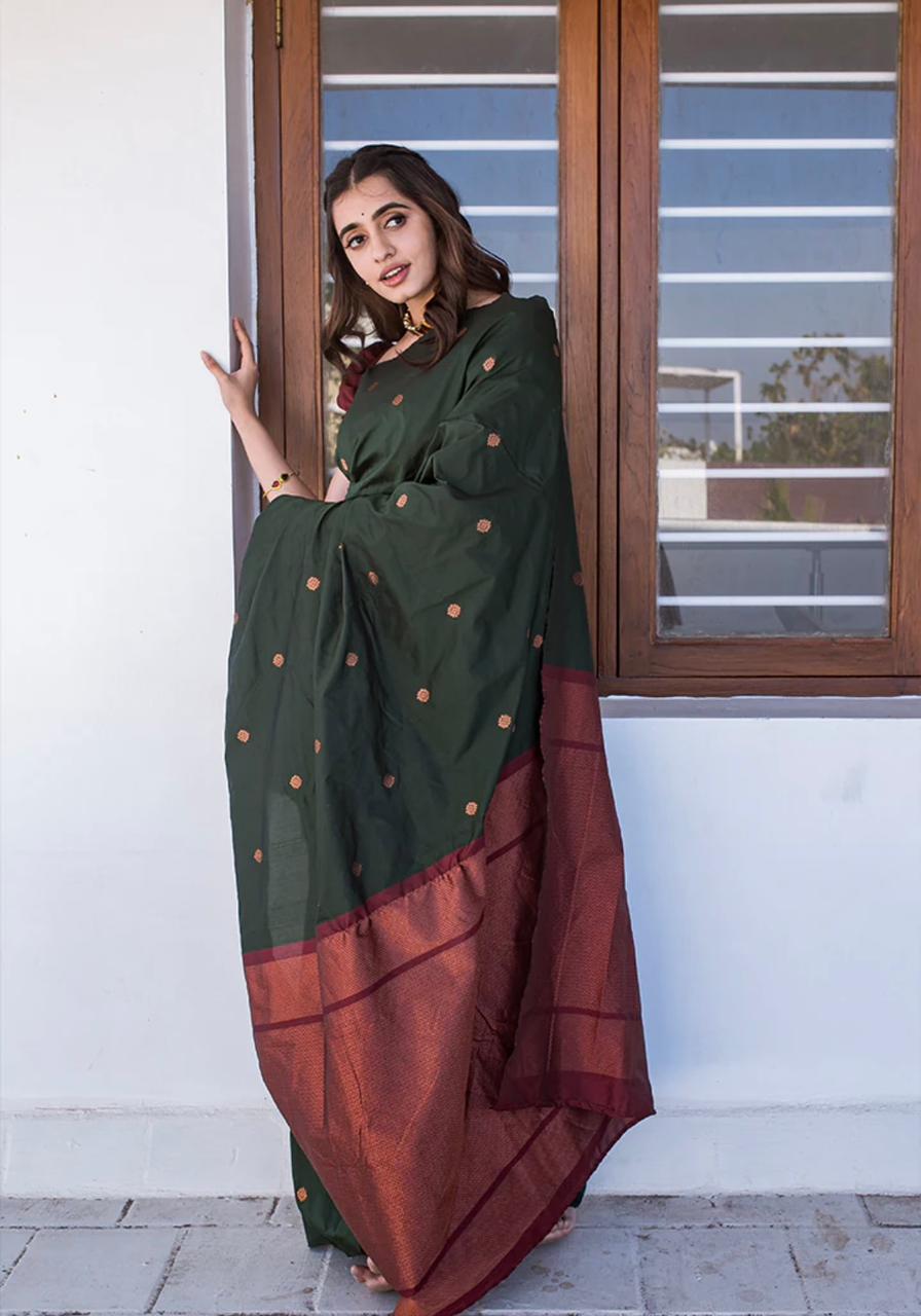 Devastating Dark Green Soft Silk Saree With Staggering Blouse Piece - Shop authentic Indian Women's Fashion by Silk Folks