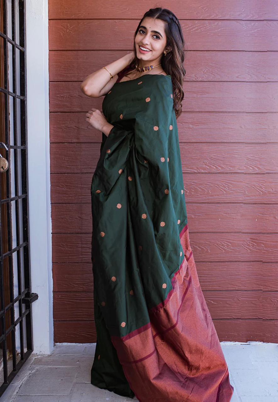 Devastating Dark Green Soft Silk Saree With Staggering Blouse Piece - Shop authentic Indian Women's Fashion by Silk Folks