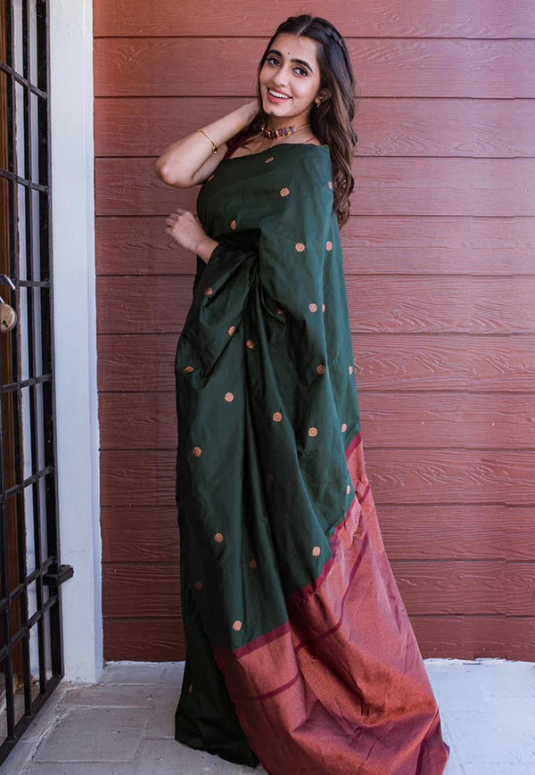 Devastating Dark Green Soft Silk Saree With Staggering Blouse Piece - Shop authentic Indian Women's Fashion by Silk Folks