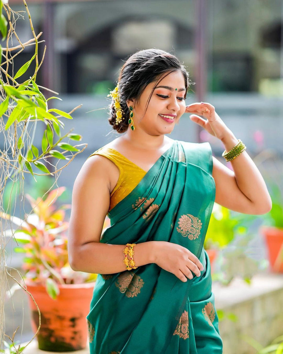 Flameboyant Rama Soft Silk Saree With Jazzy Blouse Piece - Shop authentic Indian Women's Fashion by Silk Folks