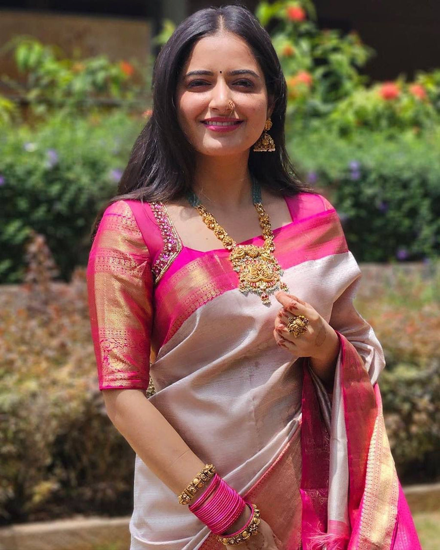 Outstanding Beige Soft Banarasi Silk Saree With Alluring Blouse Piece - Shop authentic Indian Women's Fashion by Silk Folks