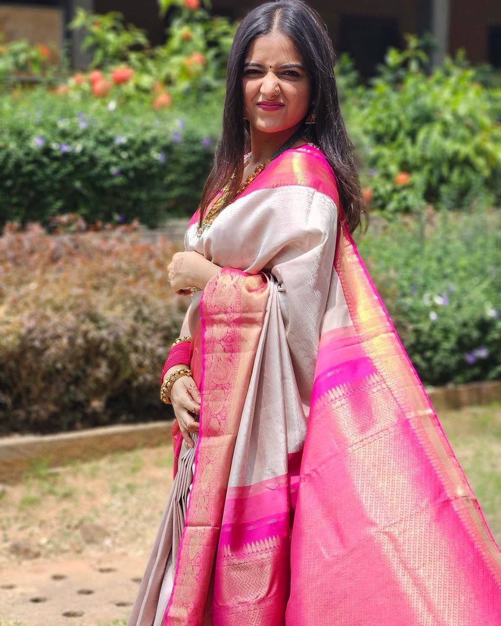 Outstanding Beige Soft Banarasi Silk Saree With Alluring Blouse Piece - Shop authentic Indian Women's Fashion by Silk Folks