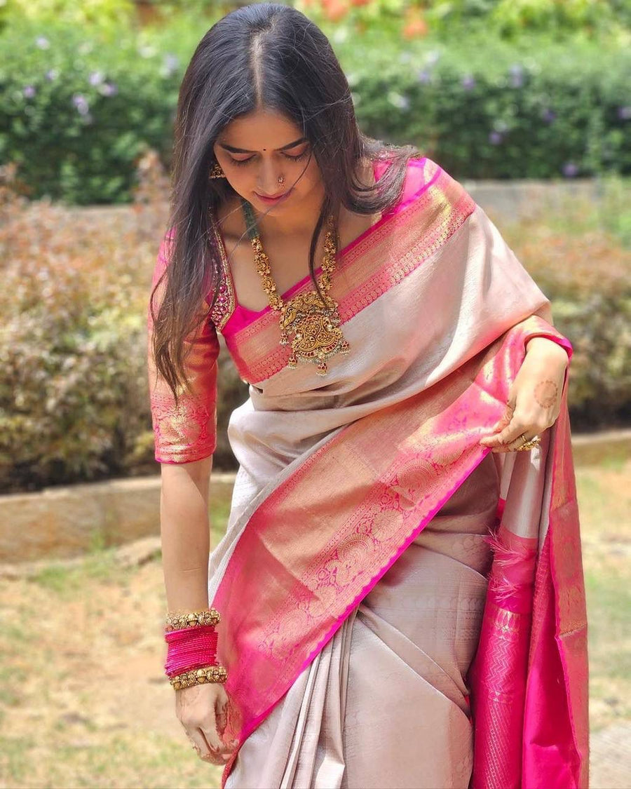 Outstanding Beige Soft Banarasi Silk Saree With Alluring Blouse Piece - Shop authentic Indian Women's Fashion by Silk Folks