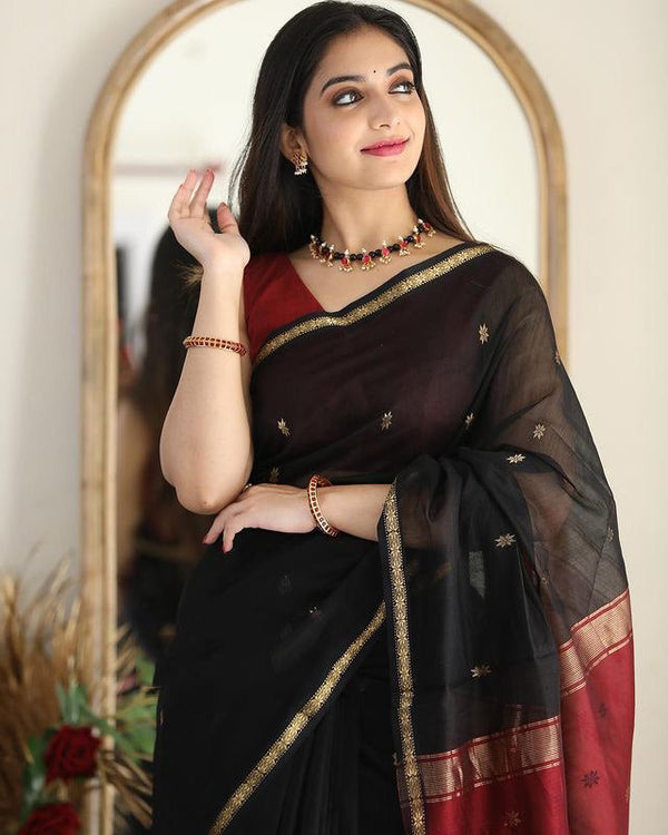Artistic Black Cotton Silk Saree With Marvellous Blouse Piece - Shop authentic Indian Women's Fashion by Silk Folks