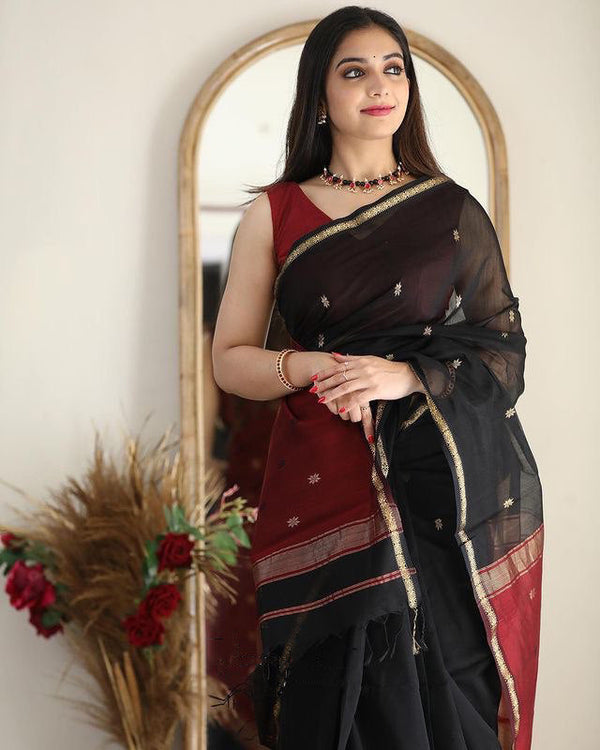 Artistic Black Cotton Silk Saree With Marvellous Blouse Piece - Shop authentic Indian Women's Fashion by Silk Folks