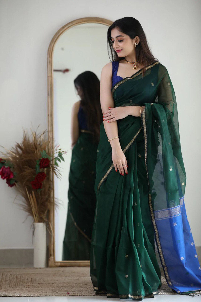 Fragrant Green Cotton Silk Saree With Classy Blouse Piece - Shop authentic Indian Women's Fashion by Silk Folks