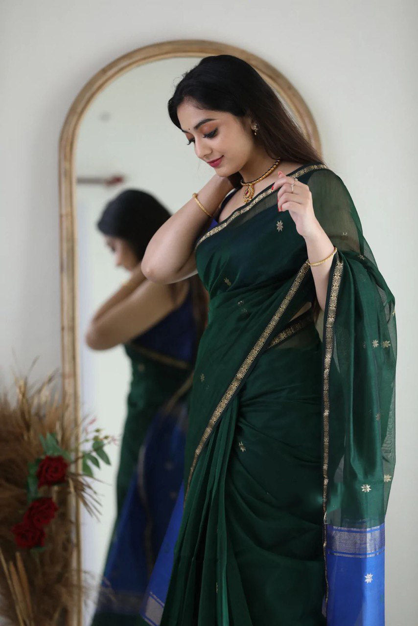 Fragrant Green Cotton Silk Saree With Classy Blouse Piece - Shop authentic Indian Women's Fashion by Silk Folks