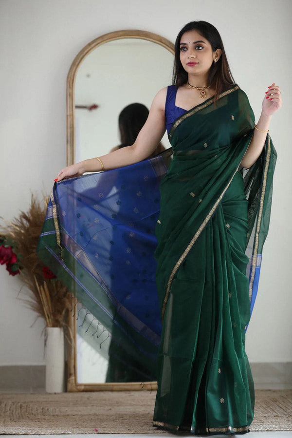 Fragrant Green Cotton Silk Saree With Classy Blouse Piece - Shop authentic Indian Women's Fashion by Silk Folks