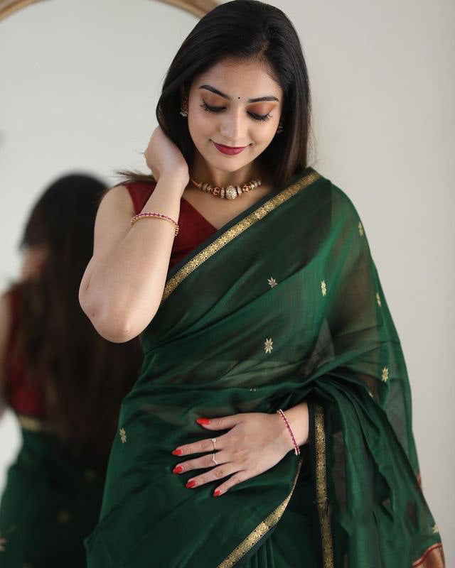 Snazzy Green Cotton Silk Saree With Prodigal Blouse Piece - Shop authentic Indian Women's Fashion by Silk Folks