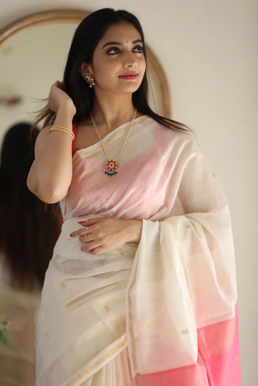 Quintessential White Cotton Silk Saree With Deserving Blouse Piece - Shop authentic Indian Women's Fashion by Silk Folks