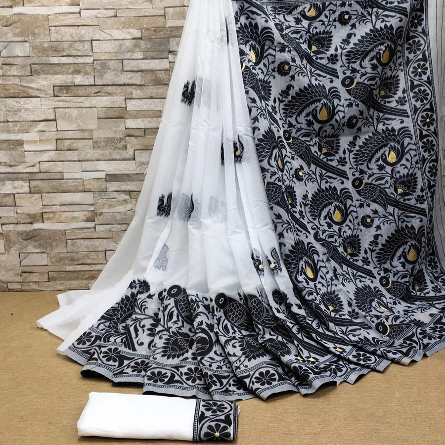 Surreptitious White Cotton Silk Saree With Vestigial Blouse Piece - Shop authentic Indian Women's Fashion by Silk Folks