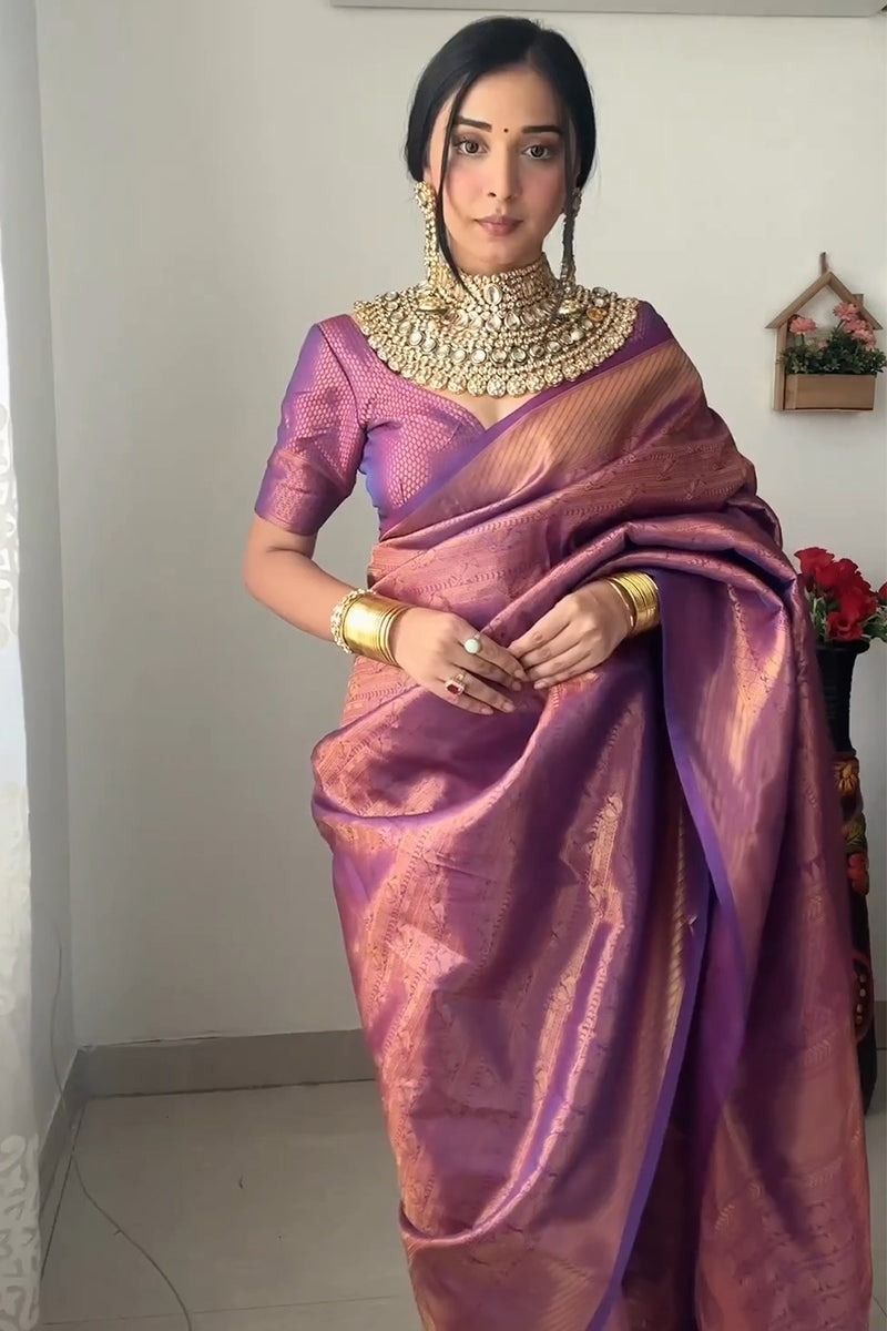 Enticing 1-Minute Ready To Wear Purple Kanjivaram Silk Saree - Shop authentic Indian Women's Fashion by Silk Folks