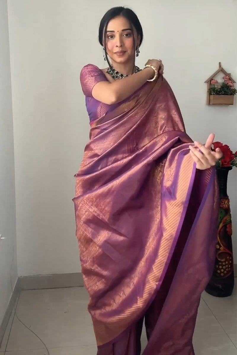 Enticing 1-Minute Ready To Wear Purple Kanjivaram Silk Saree - Shop authentic Indian Women's Fashion by Silk Folks