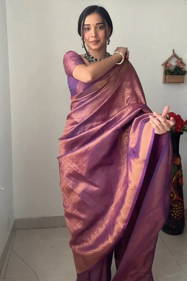Enticing 1-Minute Ready To Wear Purple Kanjivaram Silk Saree - Shop authentic Indian Women's Fashion by Silk Folks