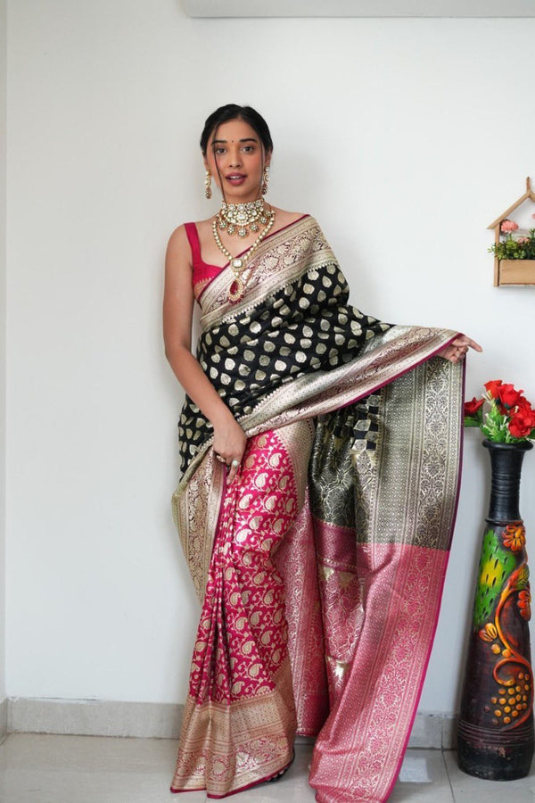 Vestigial 1-Minute Ready To Wear Black Soft Silk Saree - Shop authentic Indian Women's Fashion by Silk Folks
