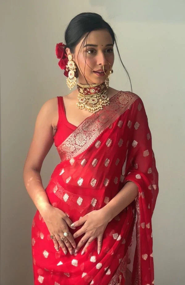 Divine 1-Minute Ready To Wear Red Cotton Silk Saree - Shop authentic Indian Women's Fashion by Silk Folks