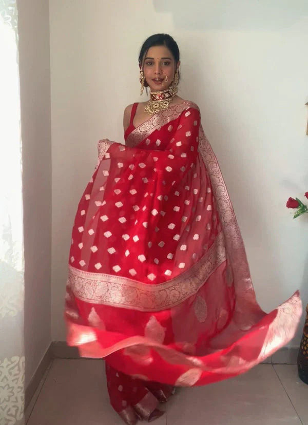 Divine 1-Minute Ready To Wear Red Cotton Silk Saree - Shop authentic Indian Women's Fashion by Silk Folks