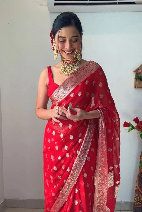 Divine 1-Minute Ready To Wear Red Cotton Silk Saree - Shop authentic Indian Women's Fashion by Silk Folks