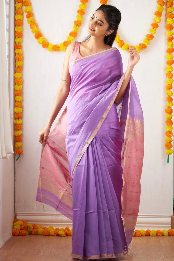 Improbable Lavendor Cotton Silk Saree With Nemesis Blouse Piece - Shop authentic Indian Women's Fashion by Silk Folks