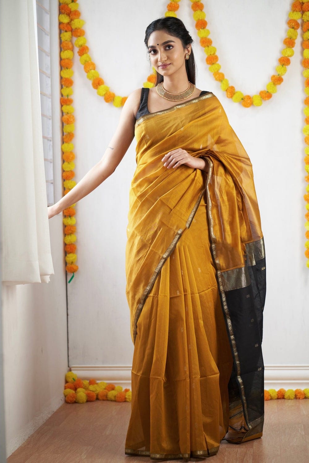 Magnificat  Mustard Cotton Silk Saree With Imbrication Blouse Piece - Shop authentic Indian Women's Fashion by Silk Folks