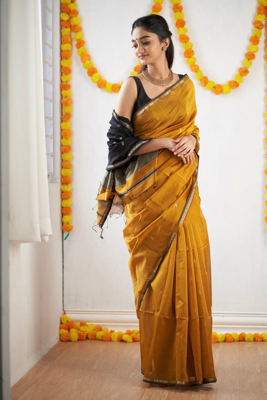 Magnificat  Mustard Cotton Silk Saree With Imbrication Blouse Piece - Shop authentic Indian Women's Fashion by Silk Folks