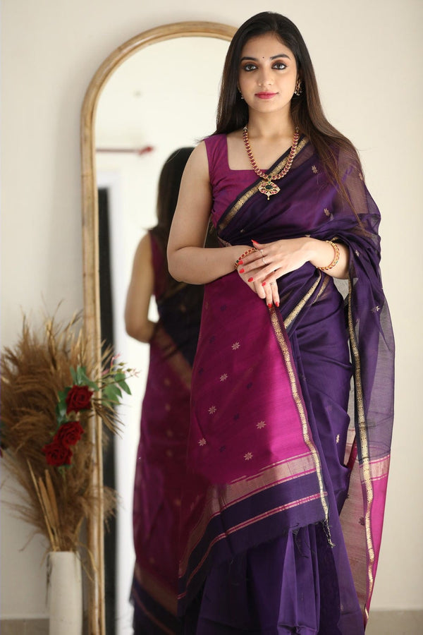 Luxuriant Purple Cotton Silk Saree With Elision Blouse Piece - Shop authentic Indian Women's Fashion by Silk Folks