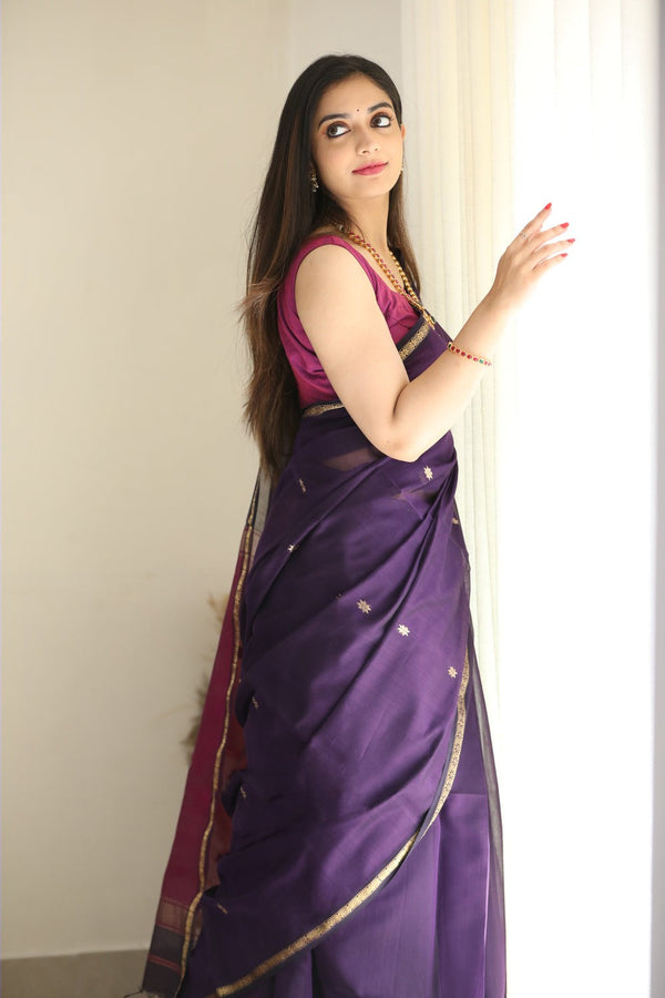 Luxuriant Purple Cotton Silk Saree With Elision Blouse Piece - Shop authentic Indian Women's Fashion by Silk Folks