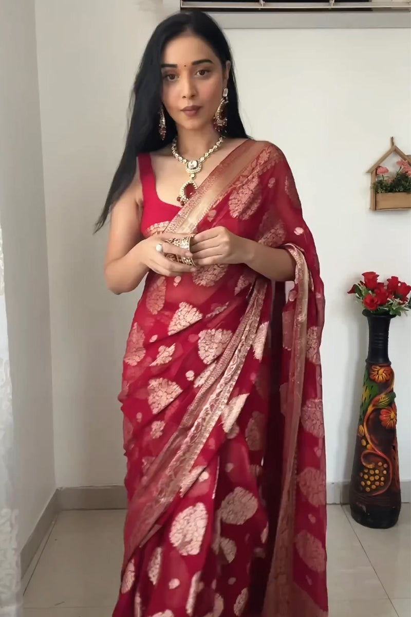 Delightful  1-Minute Ready To Wear Red Cotton Silk Saree - Shop authentic Indian Women's Fashion by Silk Folks