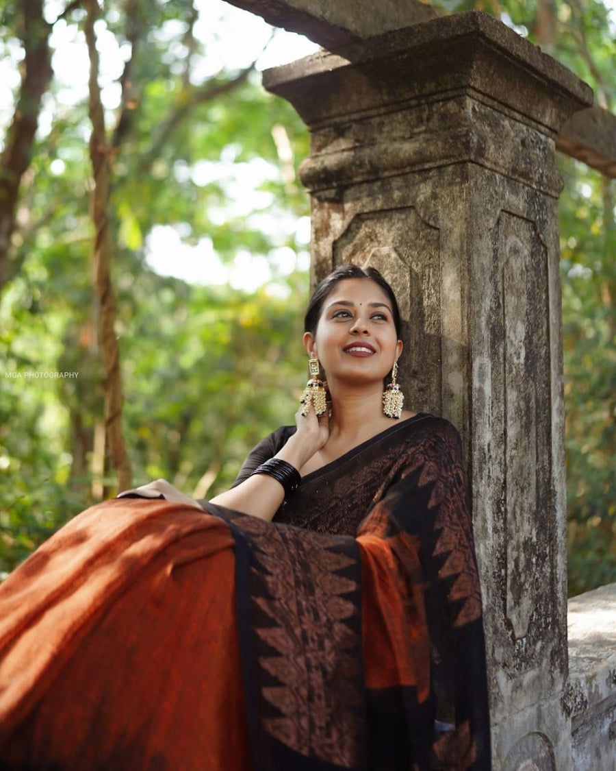 Elision Orange Soft Silk Saree With Dalliance Blouse Piece - Shop authentic Indian Women's Fashion by Silk Folks