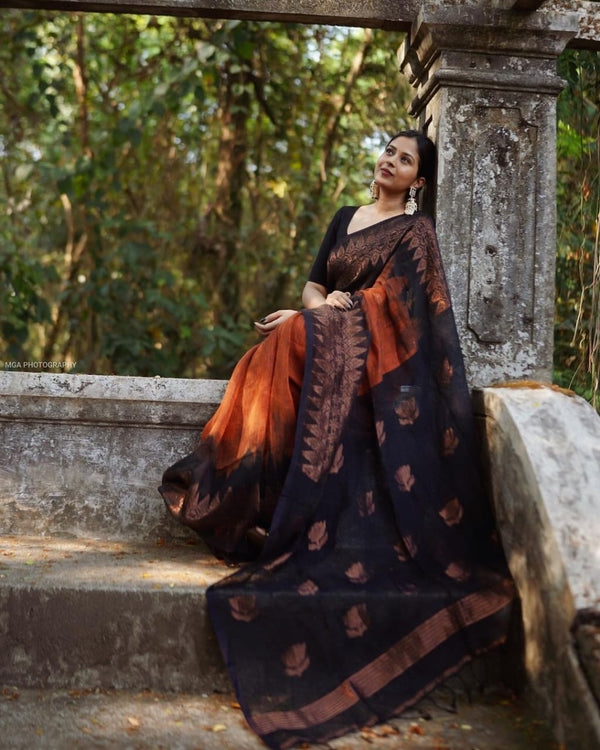 Elision Orange Soft Silk Saree With Dalliance Blouse Piece - Shop authentic Indian Women's Fashion by Silk Folks