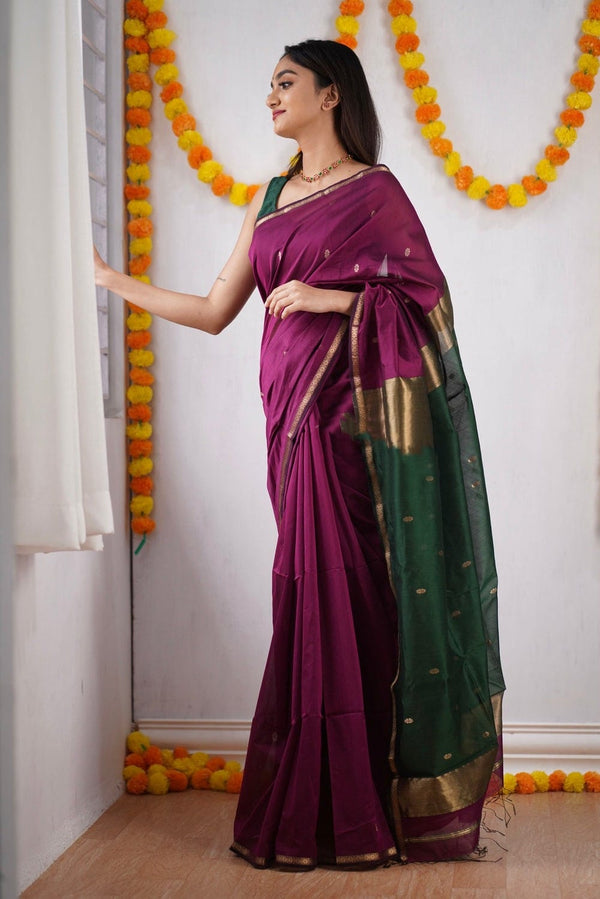 Innovative Dark Pink Cotton Silk Saree With Lovely Blouse Piece - Shop authentic Indian Women's Fashion by Silk Folks