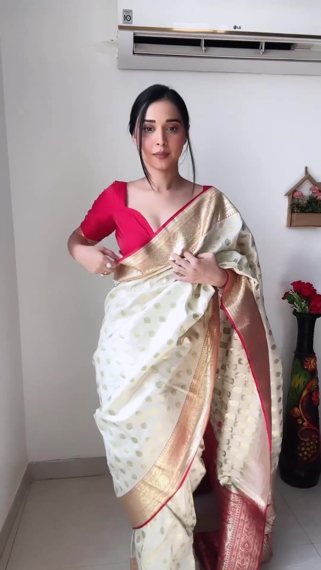 Trendy 1-Minute Ready To Wear Beige Soft Silk Saree - Shop authentic Indian Women's Fashion by Silk Folks