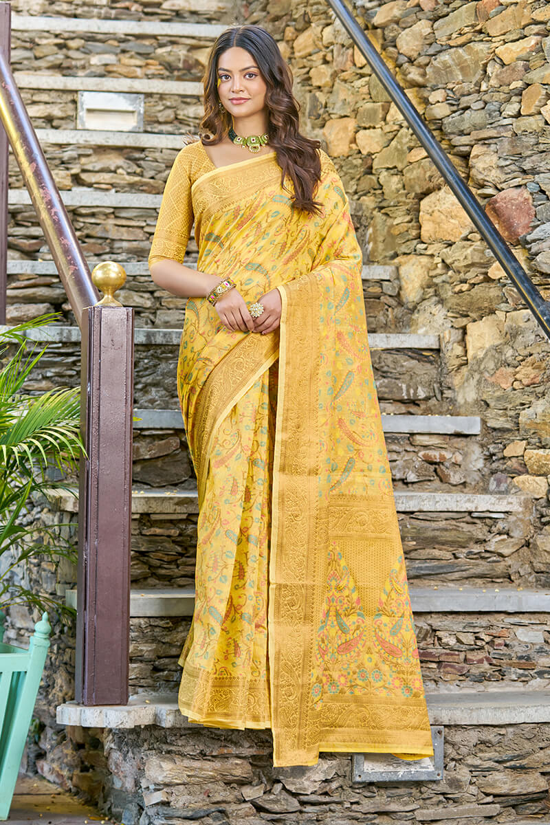 Desuetude Yellow Pashmina saree With Ratatouille Blouse Piece - Shop authentic Indian Women's Fashion by Silk Folks