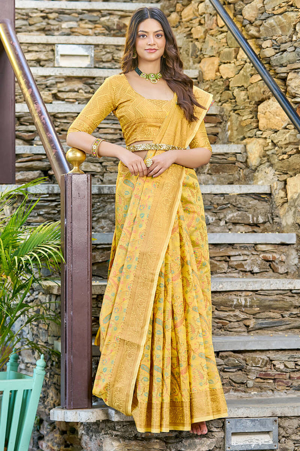 Desuetude Yellow Pashmina saree With Ratatouille Blouse Piece - Shop authentic Indian Women's Fashion by Silk Folks