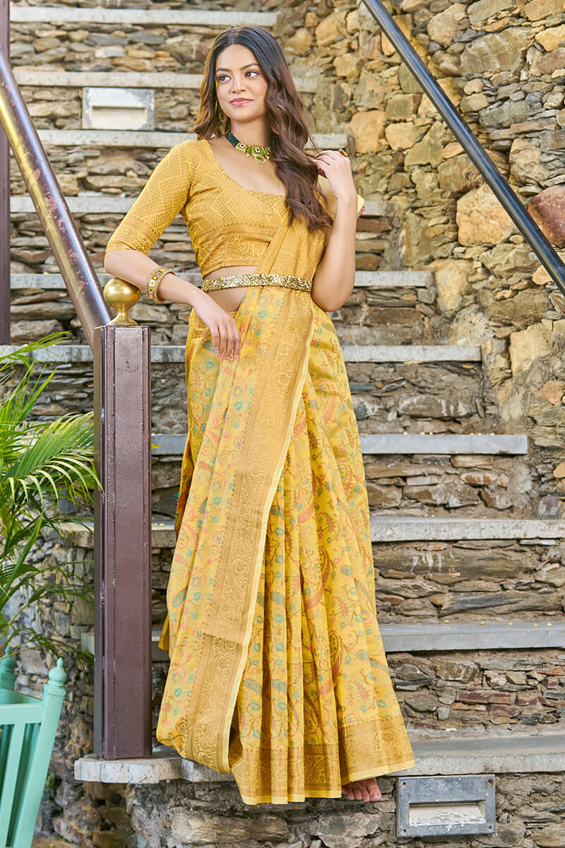 Desuetude Yellow Pashmina saree With Ratatouille Blouse Piece - Shop authentic Indian Women's Fashion by Silk Folks