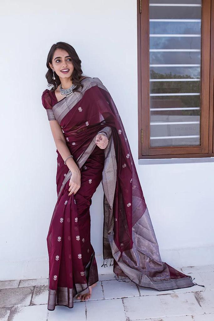 Extraordinary Wine Cotton Silk Saree With Precious Blouse Piece - Shop authentic Indian Women's Fashion by Silk Folks
