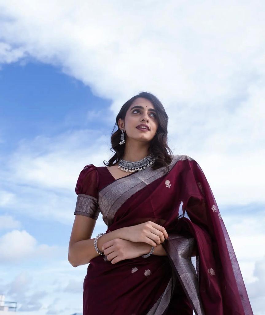 Extraordinary Wine Cotton Silk Saree With Precious Blouse Piece - Shop authentic Indian Women's Fashion by Silk Folks