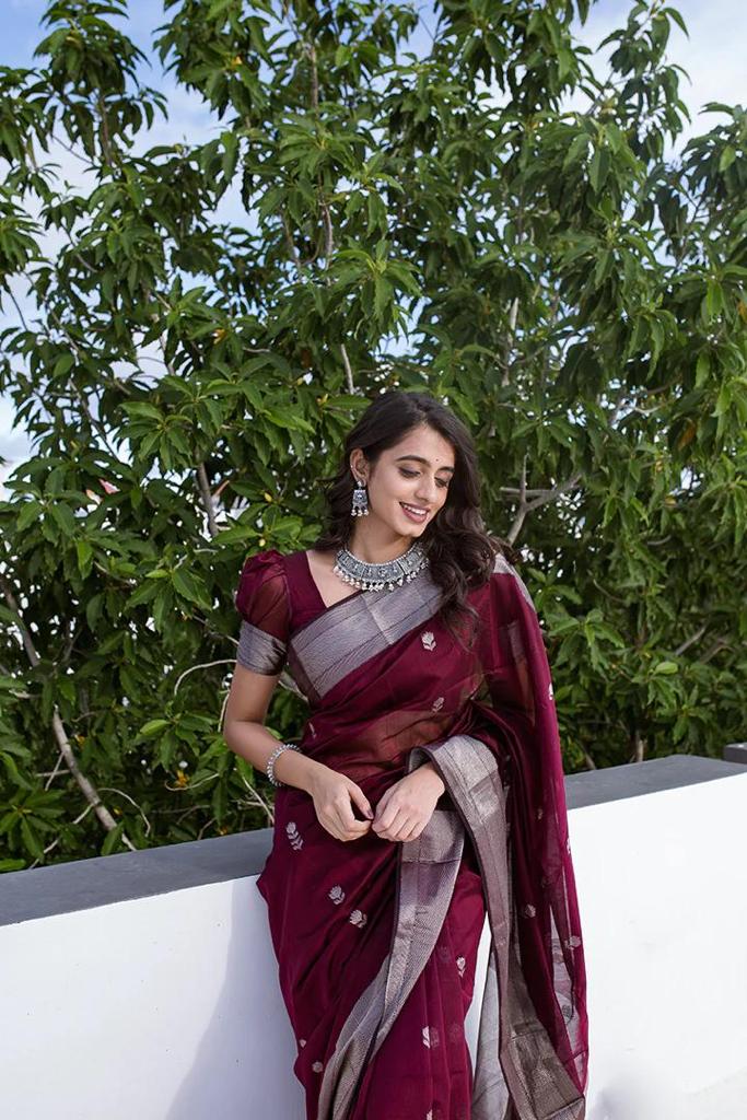 Extraordinary Wine Cotton Silk Saree With Precious Blouse Piece - Shop authentic Indian Women's Fashion by Silk Folks