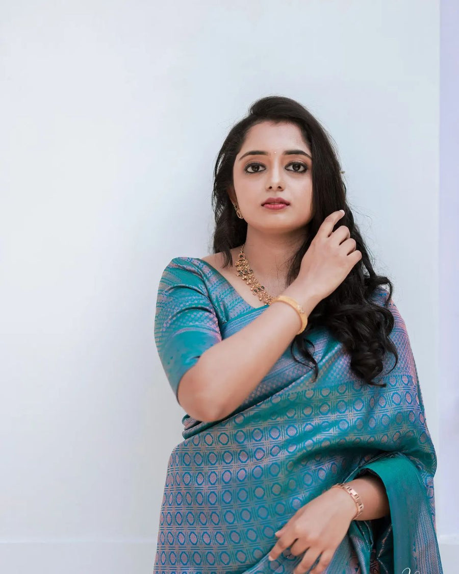 Effervescent Firozi Soft Silk Saree With Efflorescence Blouse Piece - Shop authentic Indian Women's Fashion by Silk Folks