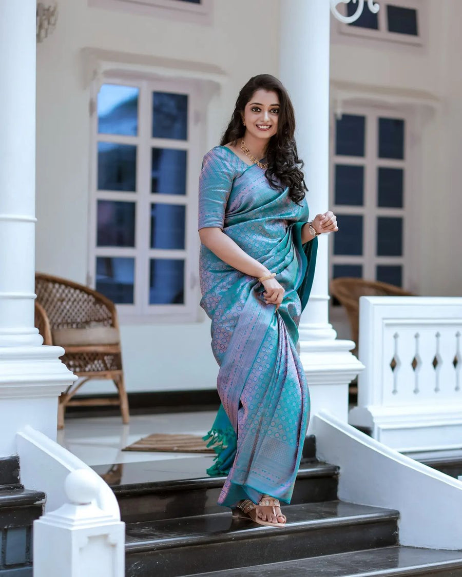 Effervescent Firozi Soft Silk Saree With Efflorescence Blouse Piece - Shop authentic Indian Women's Fashion by Silk Folks