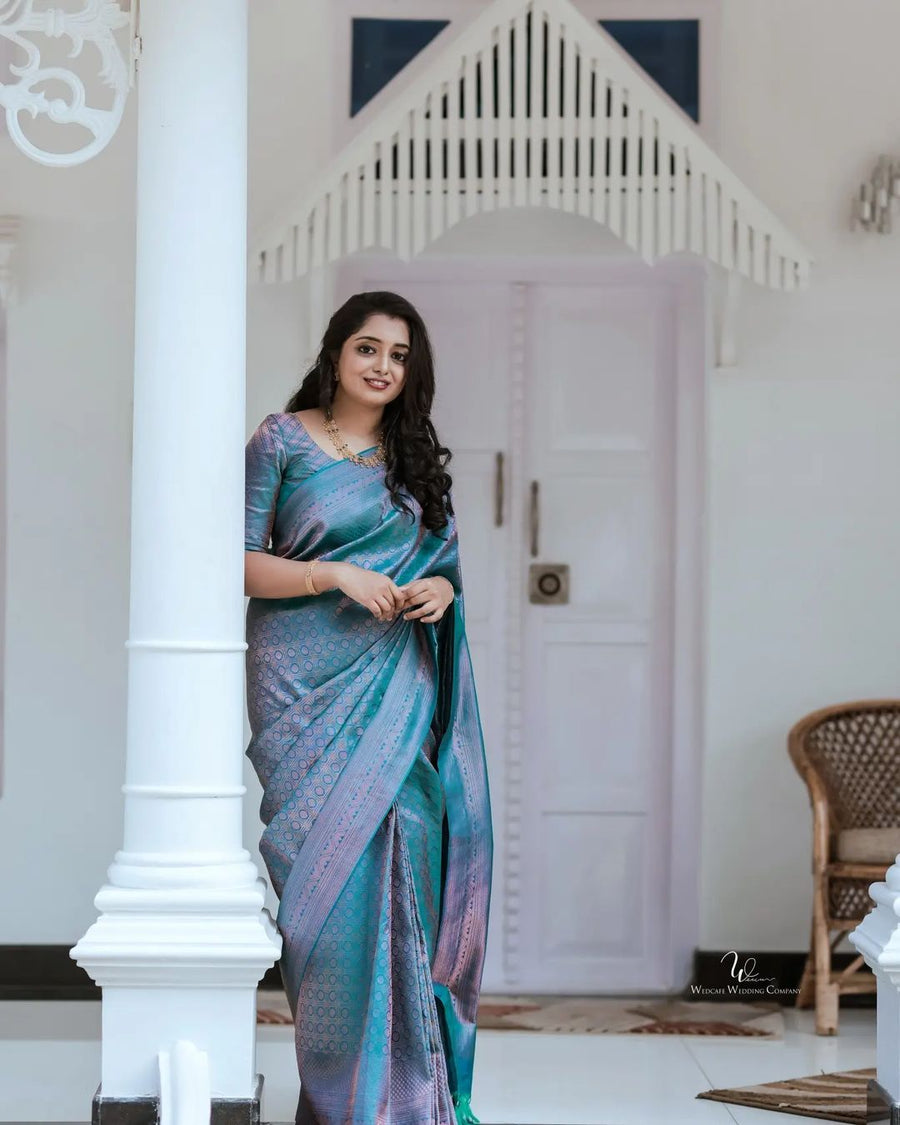 Effervescent Firozi Soft Silk Saree With Efflorescence Blouse Piece - Shop authentic Indian Women's Fashion by Silk Folks