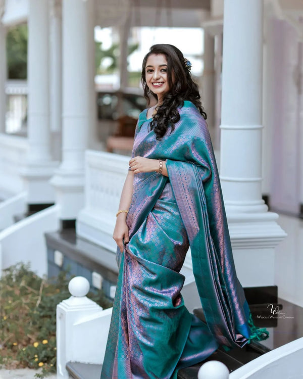 Effervescent Firozi Soft Silk Saree With Efflorescence Blouse Piece - Shop authentic Indian Women's Fashion by Silk Folks
