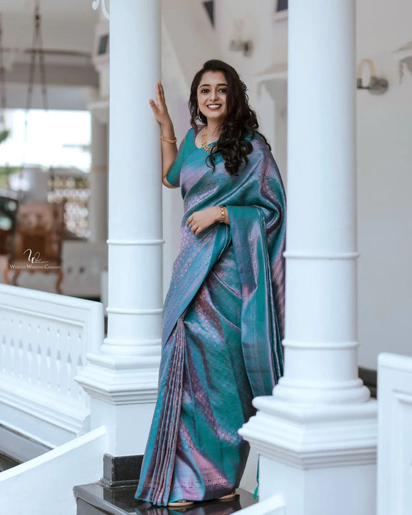 Effervescent Firozi Soft Silk Saree With Efflorescence Blouse Piece - Shop authentic Indian Women's Fashion by Silk Folks